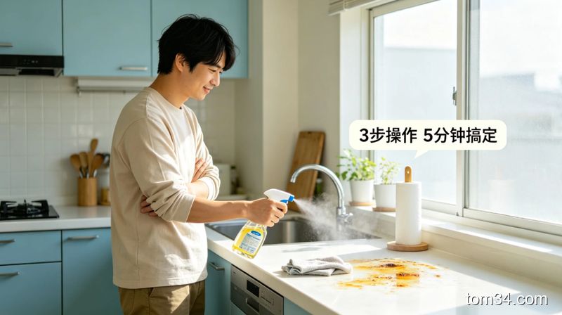 手持安芭树清洁剂对着灶台喷油污，旁边放着棉抹布，面带轻松微笑的生活化厨房场景