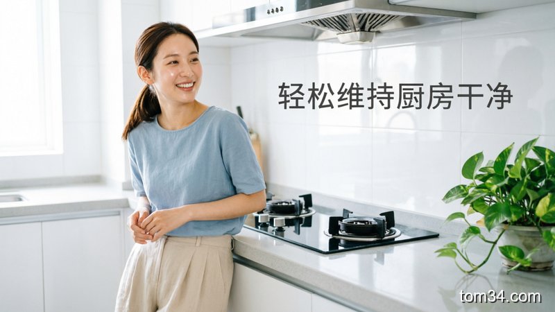 清洁后亮白干净的厨房瓷砖、台面全景，风格：清新明亮生活化，主体动作：女生靠在干净的灶台边轻松微笑，关键元素：标注「轻松维持厨房干净」文字，突出低负担清洁效果