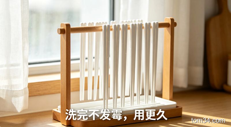 清新明亮生活化窗边场景，洗干净的亮白筷子整齐挂在通风架上晾干，看起来崭新无污渍，图片配文字「洗完不发霉，用更久」，突出清洁效果好