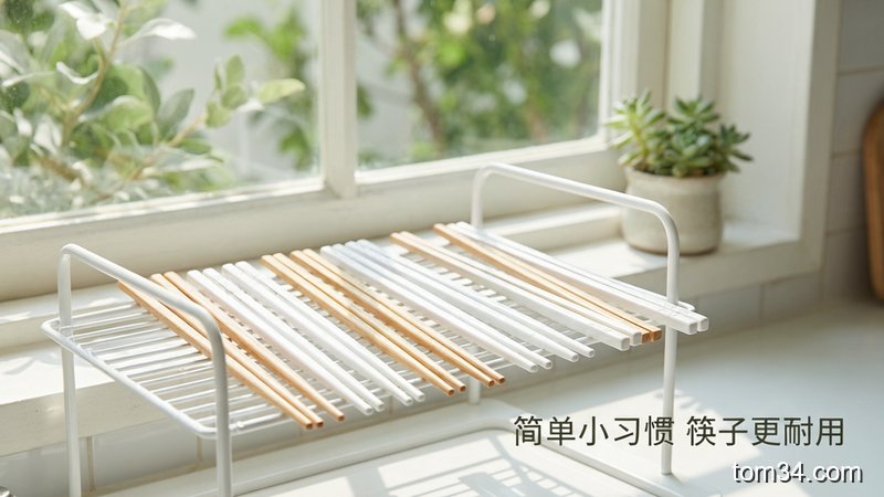 厨房窗边沥水架场景，洗得白净的筷子整齐摆在沥水架上通风晾干，风格清新明亮生活化，标注文字“简单小习惯 筷子更耐用”