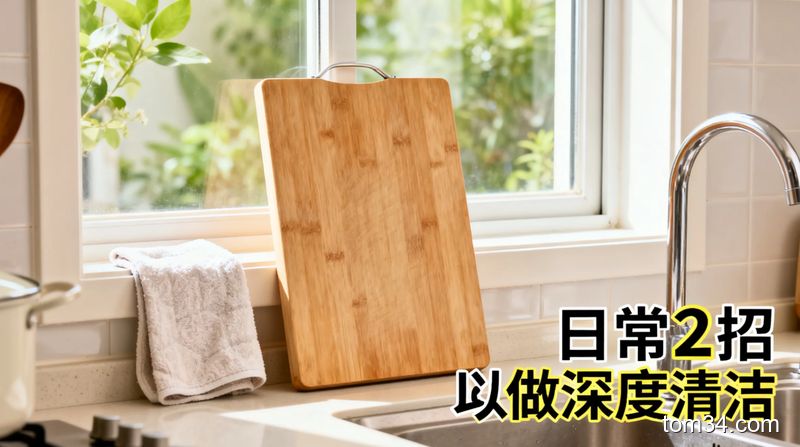 清新明亮生活化风格，干净的菜板竖放在厨房通风的窗台位置，旁边搭着一块干净的洗碗布，配文字标注‘日常2招 少做深度清洁’