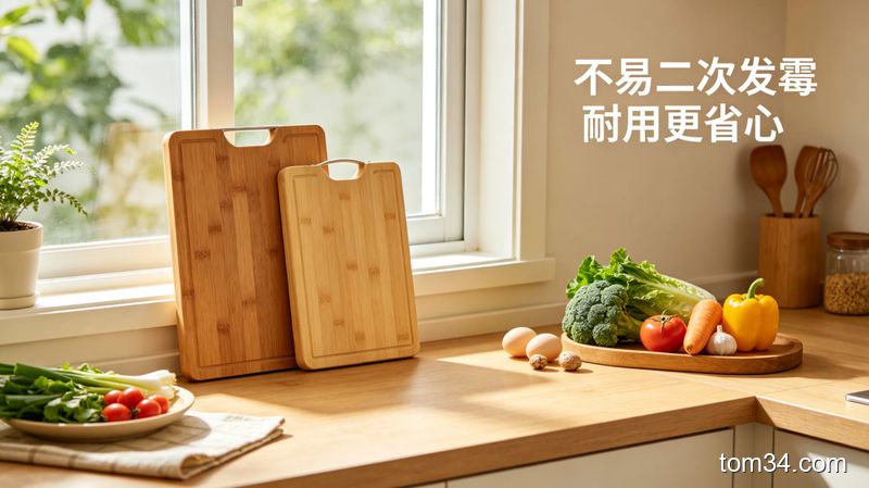 清新明亮居家厨房场景，干净的实木、竹木菜板竖立放在通风窗台，旁边摆着新鲜食材，角落标注文字“不易二次发霉 耐用更省心”，温暖生活化风格