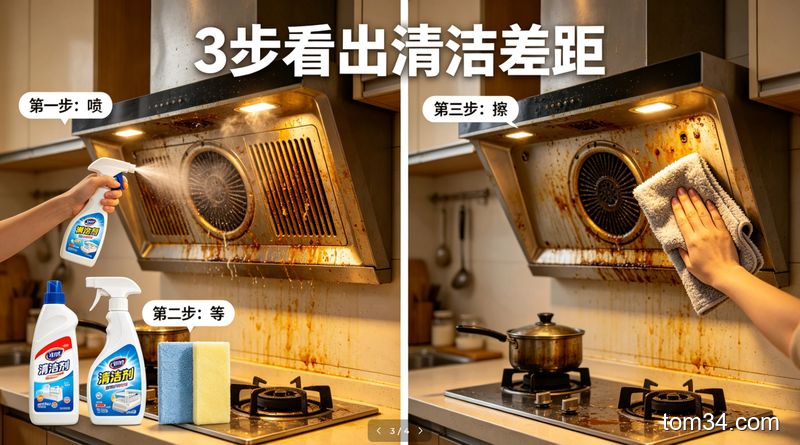 厨房油烟机重油污场景，演示「喷-等-擦」3步简单清洁动作，分别用三款清洁剂擦拭后对比油污去除效果，配文字标注「3步看出清洁差距」，风格温馨写实，突出快速高效