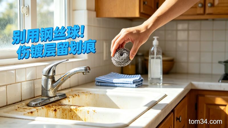 被钢丝球刮花的不锈钢水龙头特写，表面布满白色划痕残留水垢