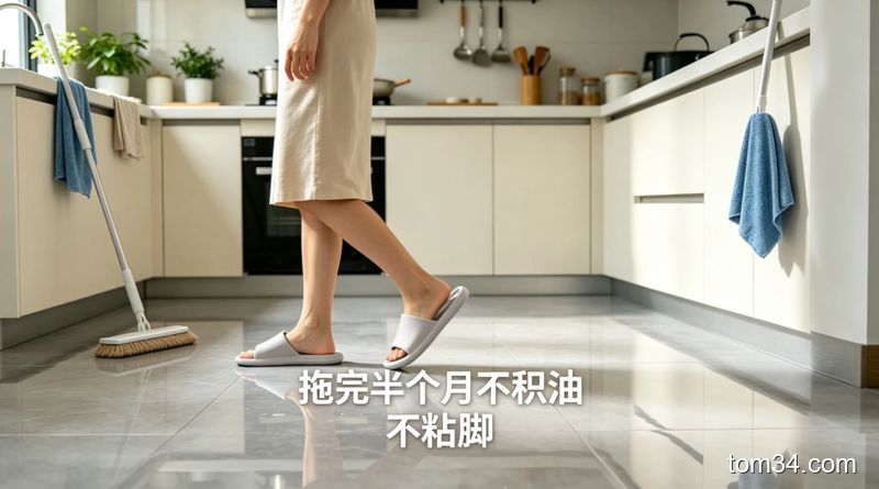 干净亮堂的厨房地面场景，穿家居拖鞋的人轻松走过无粘腻感，地面旁放干拖把，配文字「拖完半个月不积油 不粘脚」，风格生活化，突出清洁后持久效果