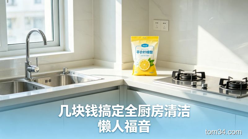 干净透亮的厨房全貌，水槽、水龙头、灶台都光洁如新，角落放着平价柠檬酸袋，配文字“几块钱搞定全厨房清洁 懒人福音”，清新明亮风格，突出清洁效果好成本低