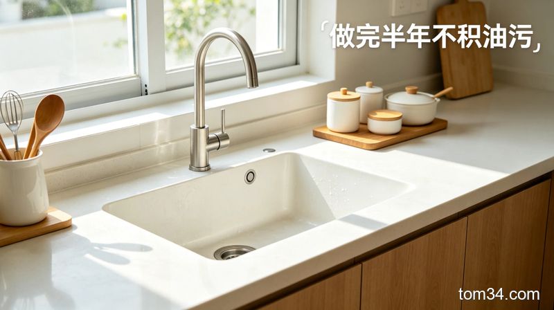 场景是光洁无油污的厨房水槽、台面，风格清新明亮生活化，画面标注「做完半年不积油污」，突出清洁后的干净效果，传递轻松低负担的清洁理念