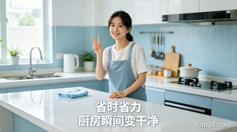 清新明亮生活化场景，博主对着擦干净的亮洁厨房比耶，旁边放干净的抹布，加文字标注「省时省力 厨房瞬间变干净」，突出轻松无负担