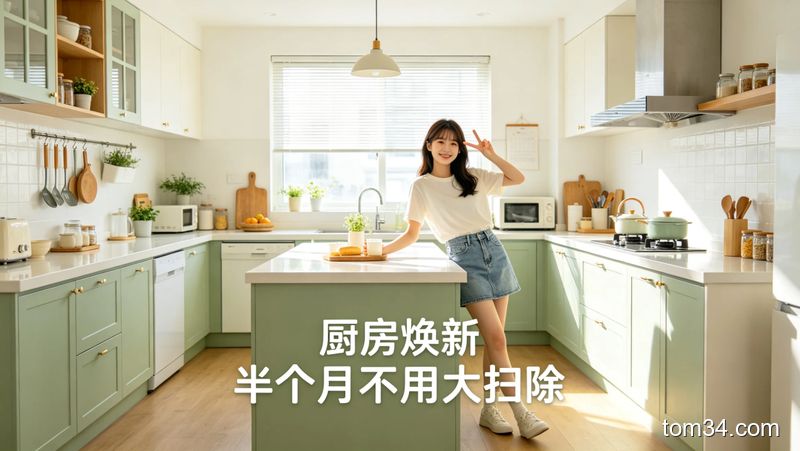 清新明亮生活化风格，整洁光亮的完整厨房全景，年轻女生靠在干净的厨房台边开心比耶，配文字「厨房焕新 半个月不用大扫除」
