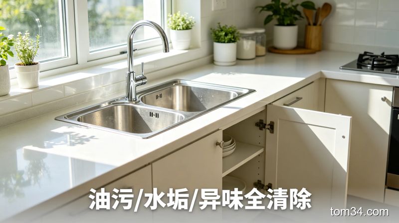 清新明亮生活化风格，清洁后的厨房台面锃亮反光、水龙头无水垢、打开的橱柜无异味，配文字标注「油污/水垢/异味全清除」
