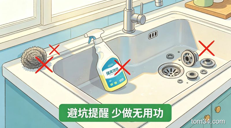 家用厨房水槽旁，用红叉标注钢丝球、强腐蚀性清洁剂、拆卸下水口3个错误操作，配文字标注「避坑提醒 少做无用功」，风格清新明亮、生活化，突出易懂好执行的特点