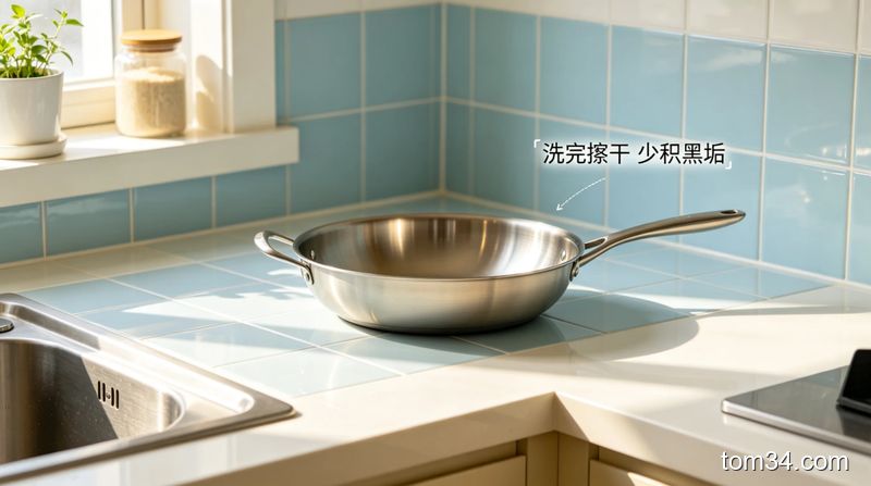 清新明亮生活化风格，整洁厨房台面上放着锃亮的干净锅底，旁边有小字提示“洗完擦干 少积黑垢”，传递轻松低成本清洁的理念