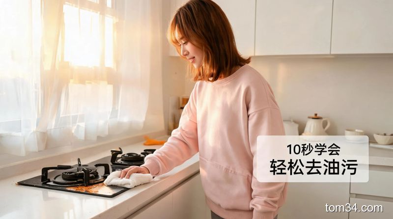 清新明亮生活化风格，厨房清洁操作场景，3步极简动作展示：1.对着油污均匀喷清洁剂 2.旁边放3分钟倒计时小牌 3.用普通干抹布一擦油污就脱落，右下角标注文字“10秒学会 轻松去油污”，突出快速简单无难度