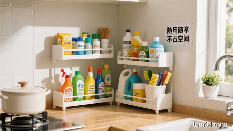 分层厨房置物架上整齐摆放着各类清洁用品，拿取方便，水槽区域干净整洁