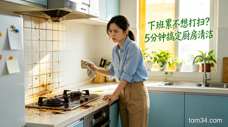 疲惫的上班族靠在厨房门边看着满是油污的灶台皱眉