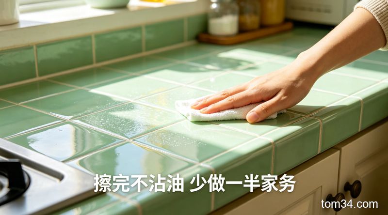清新明亮生活化风格，清洁后光亮整洁的厨房灶台瓷砖，手指触摸瓷砖表面呈现干爽状态，配文字「擦完不沾油 少做一半家务」，突出清洁效果持久