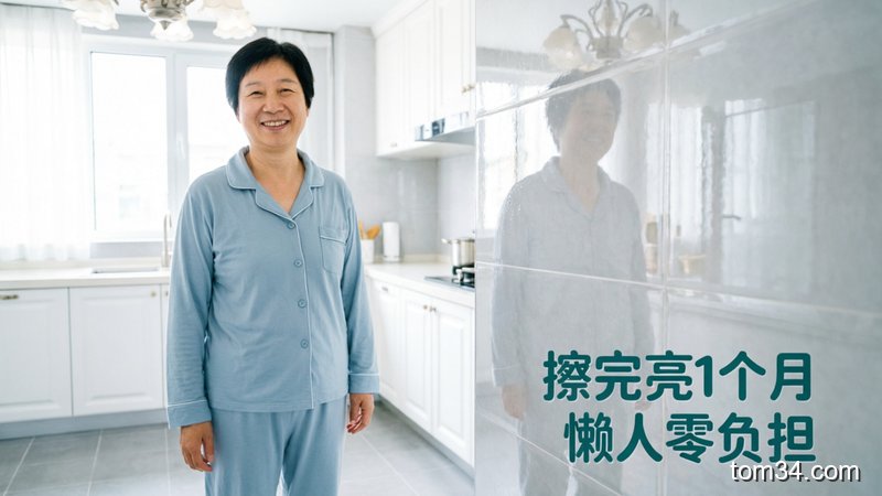 场景：擦完的厨房瓷砖亮晶晶反光，能清晰照出人影，旁边站着表情轻松的普通住户，风格：清新明亮生活化，关键元素：配文字「擦完亮1个月 懒人零负担」，突出持久效果