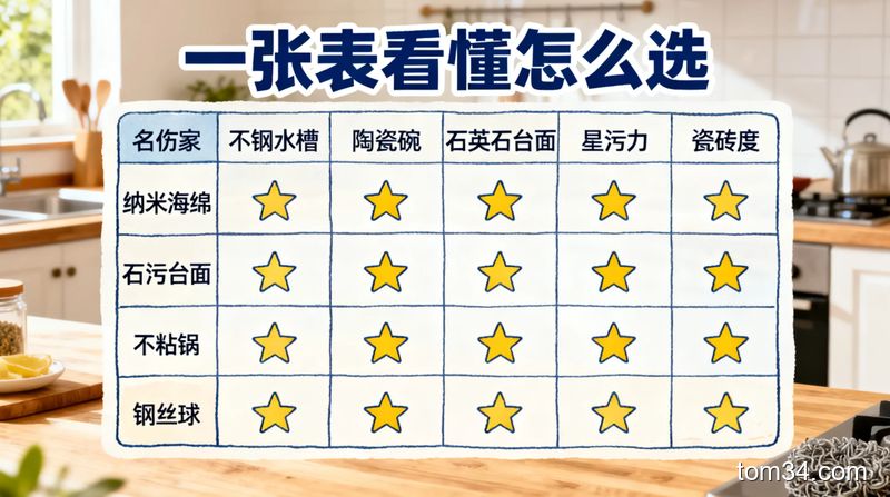 整洁的厨房桌面，手绘风格的对比表格，左侧列纳米海绵、钢丝球，上方列不锈钢水槽、陶瓷碗、石英石台面、不粘锅、瓷砖，分别标注刮伤度、去污力星级，风格清新明亮生活化，配中文文字「一张表看懂怎么选」，简单易懂，无需复杂记忆