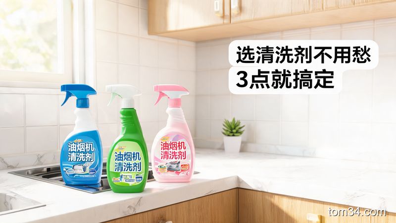 清新明亮生活化风格，厨房台面场景，摆放多款不同的抽油烟机清洗剂，角落配醒目文字「选清洗剂不用愁 3点就搞定」，整体氛围轻松简单