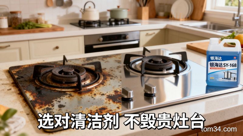 居家厨房场景，左侧是被劣质清洁剂腐蚀的斑驳高档灶台，右侧是用银海达SY-168清洁后完好光亮的同款灶台，标注文字&ldquo;选对清洁剂 不毁贵灶台&rdquo;，对比清晰，生活化风格