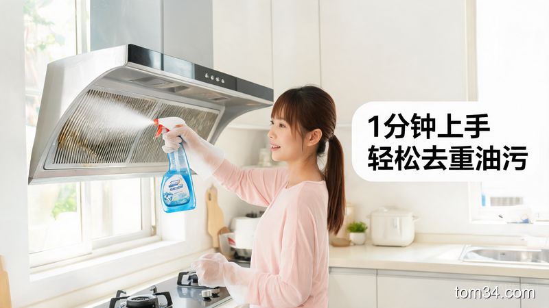 清新明亮生活化风格，普通家庭主妇戴薄款家务手套，对着抽油烟机喷清洗剂，旁边标注文字「1分钟上手 轻松去重油污」，突出简单快手