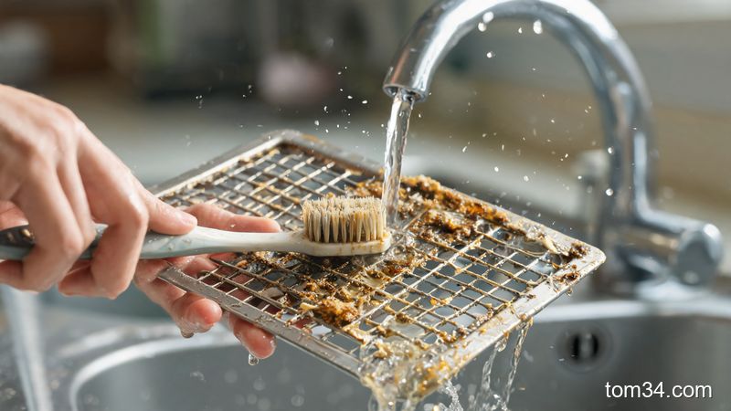 在水龙头下用牙刷清洗沾满油垢的不锈钢洗碗机滤网