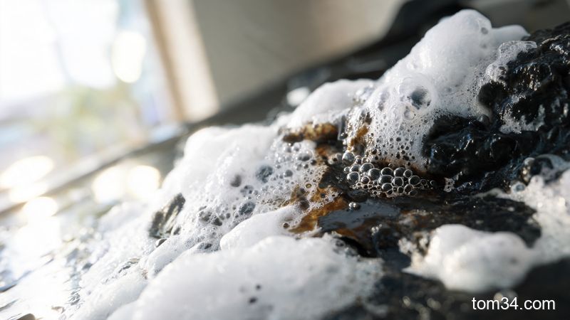 清洁剂泡沫覆盖在油污上静置分解, 油污逐渐裂解滴落