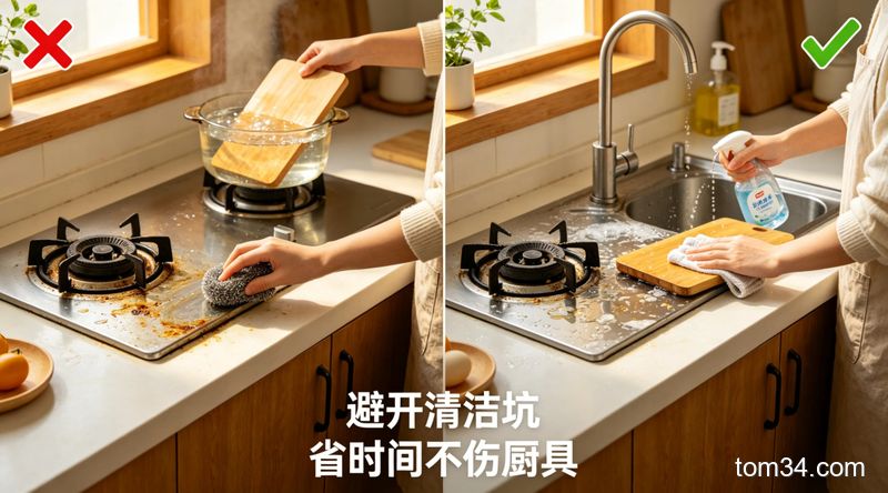 清新明亮生活化厨房场景，左侧标注叉号的错误操作展示：凉透的灶台沾着硬油污、钢丝球刮灶台、开水煮菜板，右侧标注对号的正确简单清洁操作展示，配文字标注‘避开清洁坑 省时间不伤厨具’，风格温馨家常