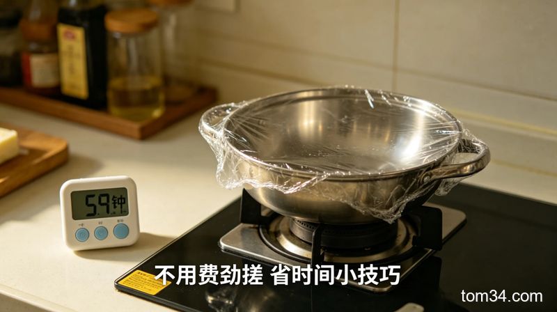 厨房灶台边场景，涂了清洁膏的不锈钢锅裹着保鲜膜静置，旁边计时器显示5分钟，底部文字「不用费劲搓 省时间小技巧」，风格生活化，突出轻松、快手