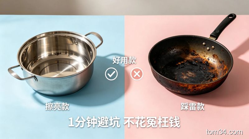 明亮桌面场景，左边放擦完光亮如新的不锈钢锅，右边放未清洁的烧黑旧锅，中间用对勾、叉号标注好用款/踩雷款，底部文字「1分钟避坑 不花冤枉钱」，风格清新简洁，突出高效