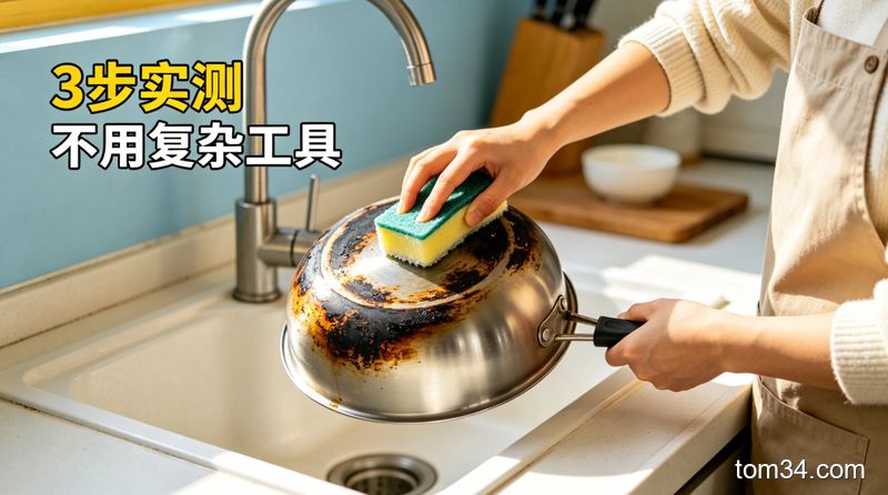 厨房洗碗池边场景，普通人用海绵沾清洁膏擦拭烧黑的不锈钢锅底，旁边标注文字「3步实测 不用复杂工具」，风格明亮生活化，突出快速、易操作