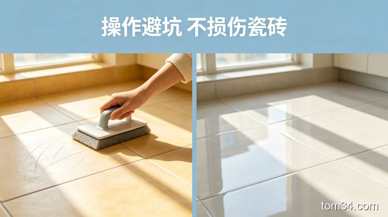 清新明亮生活化风格，对比图展示正确和错误使用清洁好物的效果：左侧是用错磨砂面刮花的亮面瓷砖，右侧是正确操作后干净透亮的瓷砖，配文字'操作避坑 不损伤瓷砖'