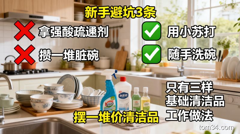 清新易懂的科普风厨房场景，左侧打红叉的是拿强酸疏通剂、攒了一堆脏碗、摆一堆贵价清洁品的错误做法，右侧打绿勾的是用小苏打、随手洗碗、只有三样基础清洁品的正确做法，画面带「新手避坑3条」文字标注，生活化好理解