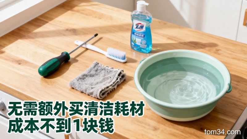清新明亮生活化厨房场景，桌面上摆放着十字螺丝刀、旧牙刷、洗洁精、半盆热水，角落配文字标注「无需额外买清洁耗材 成本不到1块钱」，风格写实居家，突出简单低成本