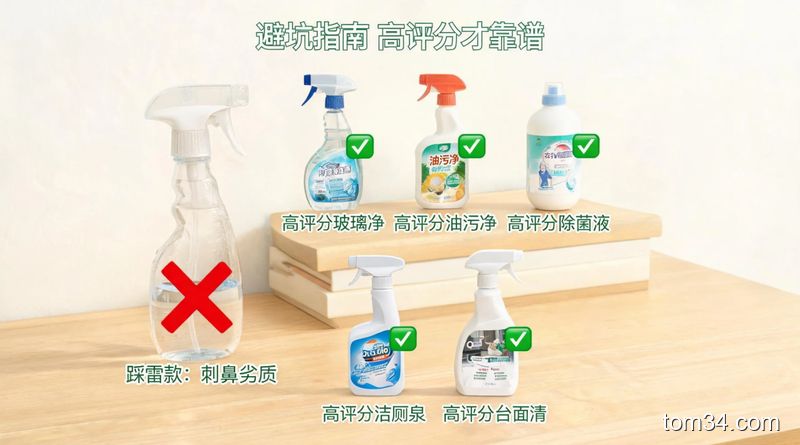 浅色桌面场景，左边摆着踩雷的劣质刺鼻清洁品、右边摆着5款推荐的高评分清洁好物，博主用红叉标踩雷款、绿对勾标推荐款，清新明亮生活化风格，画面有文字标注&ldquo;避坑指南 高评分才靠谱&rdquo;，突出选购简单