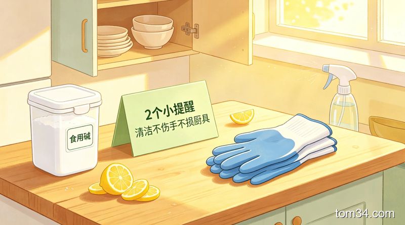 清新明亮生活化厨房场景，桌面上摆放食用碱、薄款橡胶手套，旁边配文字标注“2个小提醒 清洁不伤手不损厨具”