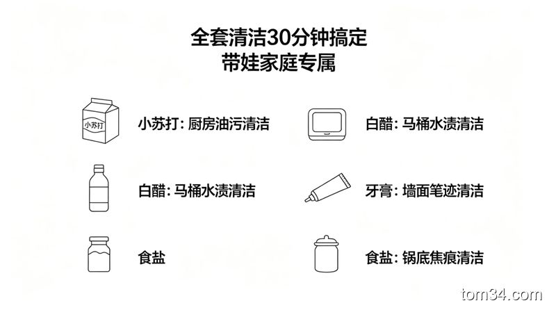 白色背景的清单图，上面列着小苏打、白醋、牙膏、食盐四种家常清洁物品，旁边标注每个物品对应的清洁场景，风格：清新明亮、简约实用，文字标注：全套清洁30分钟搞定 带娃家庭专属，主体动作：无复杂动作，突出清单清晰易读