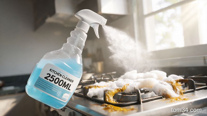 商用厨房清洁剂2500ml大瓶装，扇形广角喷头正在喷射泡沫覆盖不锈钢灶台油垢