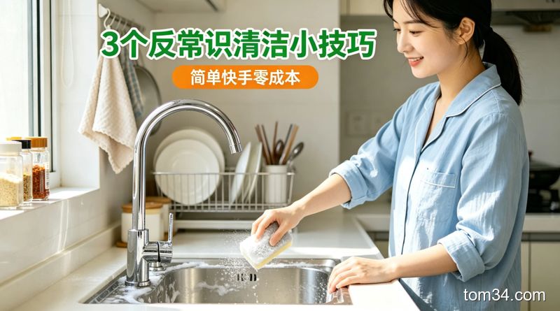 厨房不同油污角落（水龙头、水槽、灶台缝隙），清新明亮生活化风格，分别展示用白醋擦龙头、小苏打擦水槽、旧牙刷刷缝隙的简单操作，配文字“3个反常识清洁小技巧”，标注“简单快手零成本”