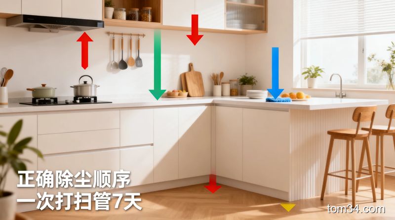 完整厨房空间，用彩色箭头标注从上到下的清洁顺序（吊柜→台面→地面），风格清新明亮生活化，配文字正确除尘顺序 一次打扫管7天，突出高效不返工