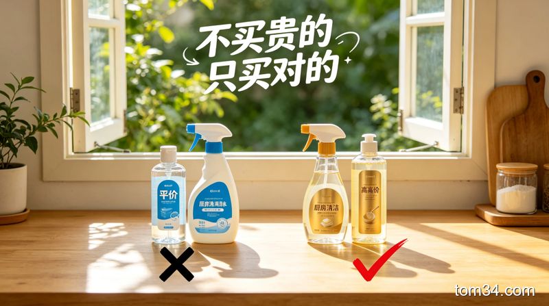 清新明亮生活化风格，桌面上放着平价和高价的两款同款厨房清洁用品，贵的旁边打叉，便宜的旁边打勾，配文字&ldquo;不买贵的 只买对的&rdquo;，突出高性价比