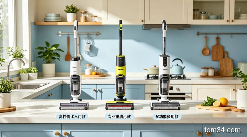 三款洗地机分别在租房小厨房、家常重油污厨房、客餐厅一体化空间使用的拼接图