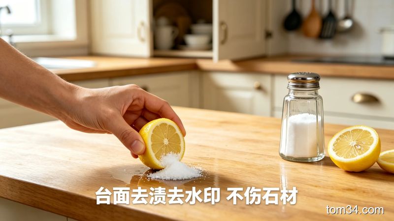 明亮干净的现代厨房场景，台面上摆放着白醋、小苏打、柠檬等家用清洁材料