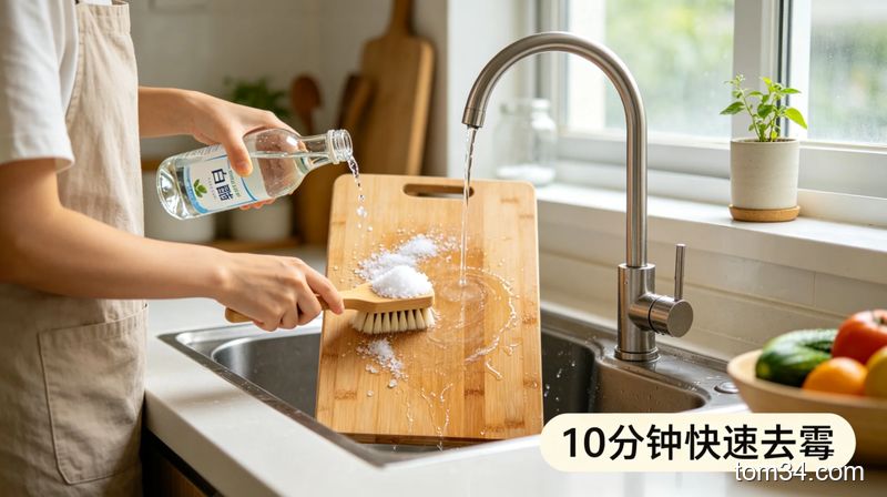 清新明亮居家厨房场景，实拍4步清洁菜板的连贯动作：撒粗盐、倒热白醋、用刷子刷洗、冲干净后竖立放置，角落标注文字“10分钟快速去霉”，简单易懂生活化风格
