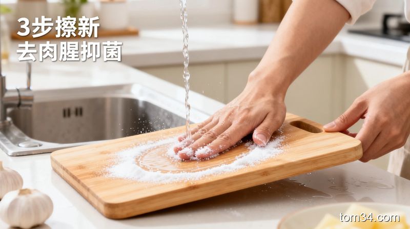 生活化厨房操作场景，普通人双手正在给淋了温水的菜板撒小苏打搓洗，动作简单快速，配文字标注「3步擦新菜板 去肉腥抑菌」，画面明亮干净，突出操作零难度