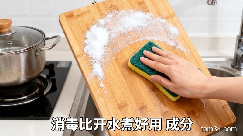 清新明亮生活化厨房场景，普通木质菜板上撒着小苏打和食盐，人手用百洁布轻轻搓洗菜板，旁边没有烧水煮菜板的锅具，配文字标注‘消毒比开水煮好用 零成本’，风格温馨家常
