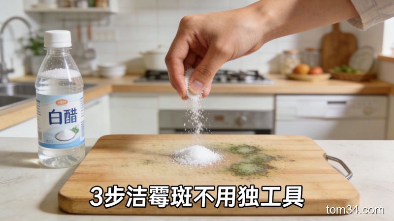 清新明亮生活化出租屋厨房场景，手拿着食盐撒在带轻微霉斑的菜板上，旁边摆着小半瓶白醋，配文字标注「3步祛霉斑 不用特殊工具」，风格温暖接地气，突出简单快速低成本