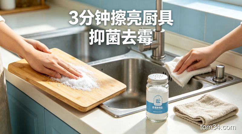 清新明亮生活化厨房场景，一只手用粗盐擦竹木砧板，另一只手用抹布擦不锈钢水槽，配文字标注「3分钟擦亮厨具 抑菌去霉」，突出方便易操作、用家中现有物品