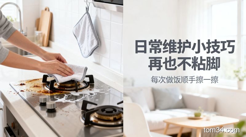 清新明亮生活化居家清洁场景，左侧展示随手擦厨房溅出油污的动作、干净晾晒的拖布，右侧配文字「日常维护小技巧 再也不粘脚」，风格轻松接地气，突出低负担清洁
