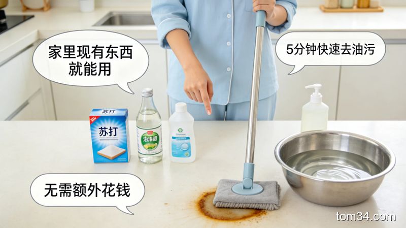 生活化厨房场景，女士用小苏打、白醋、热水清洁厨房地面油污，台面上摆着日常清洁用品，氛围温馨